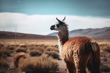 Llama alpaca in Bolivia's Altiplano near Chilean Atacama border, South America. Generative AI