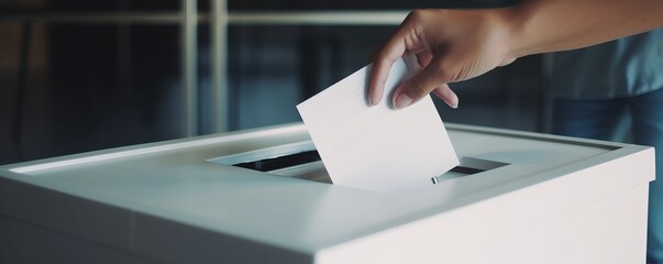 close up of a hand voting, close-up, hand, ballot, white ballot box, light white, light blue, hall, government building, voting, democracy, election, civic duty, transparency, decision, choice