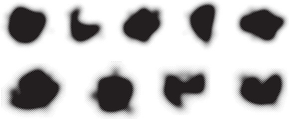 Glitch distorted grungy abstract forms . Blob shape organic. Template for presentation, banner . Fluid isolated shape .Grunge textured . Liquid vector shapes with  halftone dots .Screen print texture