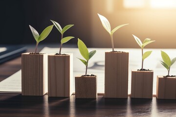 Small wooden pots with plant sprouts representing business growth. Great for business, marketing, technology, financial, investment and saving concepts. Generative AI - obrazy, fototapety, plakaty