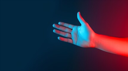 A human hand poised against a minimalistic dark blue background, the scene subtly infused with red light that imbues a tech-focused atmosphere. Generative AI