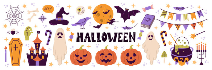 Happy Halloween set of elements, ghost, pumpkin, bat and cat. Vector is cute illustration in hand drawn style