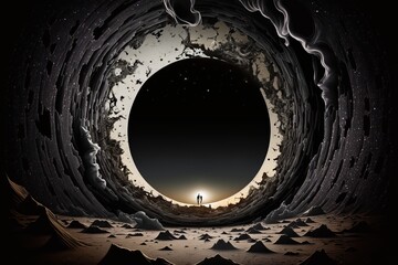 Astronaut looks at black hole in space devouring space and black matter. Interstellar space, hot ionized gas around a black hole. Distortion of space and time.  Generative AI - obrazy, fototapety, plakaty