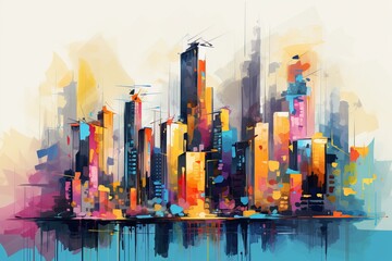 City roof skyscrapers view. Wall of big urban buildings, city town panorama. Top corporate apartment to skyline, downtown tower house  background. Illustration in blue, orange, pink tones. 