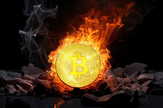 Bitcoin gold coin on fire set in black rock background. Crypto market bullish scenario. Bitcoin represents a decentralized cryptocurrency and a digital gold.