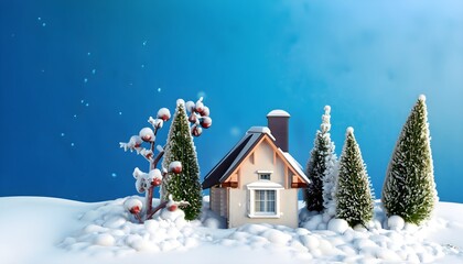 A snowy house and plants. winter, snow, tree, season, cold, village, sky, blue, holiday, home, house, scene, AI Generated
