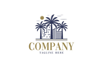 Naklejka premium Creative logo design depicting a palm tree city- Logo Design Template 