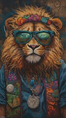 Illustration of lion  wearing glasses. Hippie lion. Generative AI