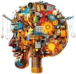Colorful collage of head, brain, engine, education, discovery, light bulb, technology with transparent background. Generative AI