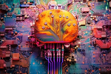 Fototapeta premium Colorful collage of brain an implanted powerful processor. Generative AI 2
