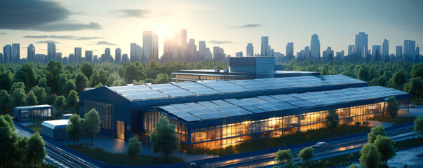 Fototapeta premium Factory with solar energy system, Industry with solar panels on the roof