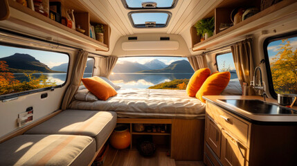 Fototapeta premium Exploring in Style: Camper Van Interior with a Scenic Outdoor Backdrop