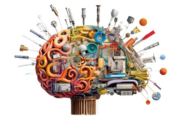 Colorful collage of brain, engine, education, discovery, light bulb, technology with transparent background. Generative AI 2
