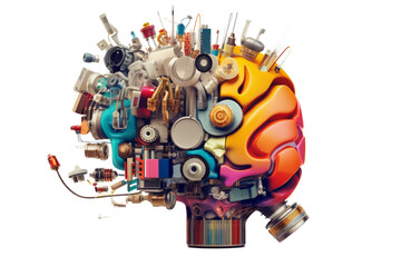 Colorful collage of brain, engine, education, discovery, light bulb, technology with transparent backgroundI 