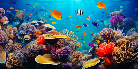 Obraz na płótnie Canvas Underwater coral reef landscape with colorful fish