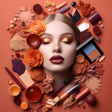 Cosmetic still life composition , beauty face of model with beauty make up in nude brown tone and different cosmetic accessories brushes, powder ,fundation, lipstick , eyeshadow.Ai generative