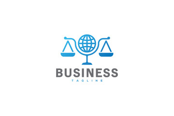 Creative logo design depicting legal scales with a planet in the center, designated to the legal or coporate world.  - obrazy, fototapety, plakaty