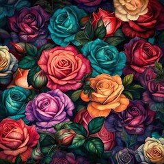 Illustration of watercolor  painted  floral pattern with red, blue, purple, orange roses. Generative AI