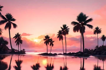 Fototapete Hell-pink island oasis blanketed in a soft, pink sunset