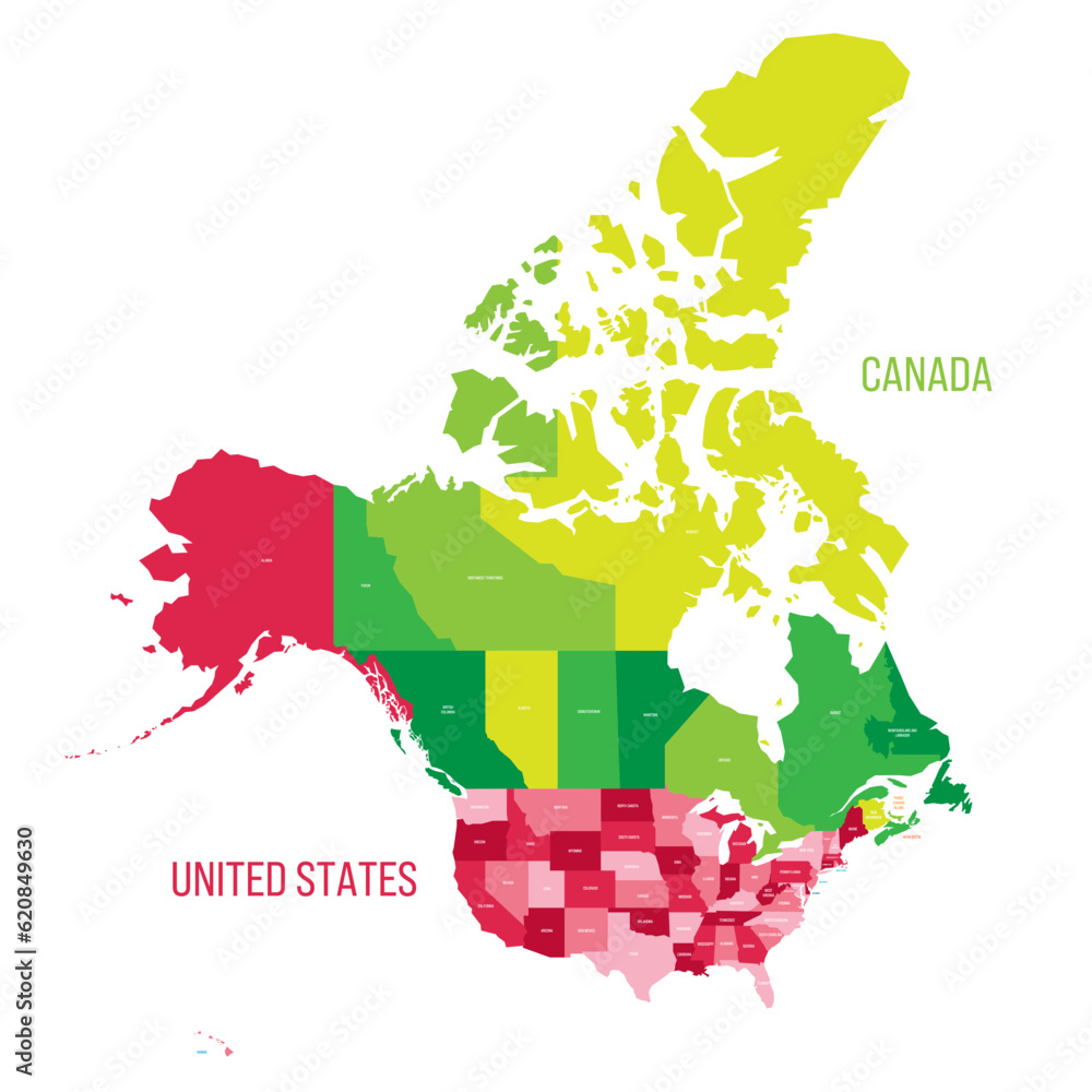 Poster united states and canada political map of administrative divisions. colorful vector map with labels. - Posters