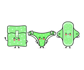 Cute, green panties and menstrual pad. Vector hand drawn cartoon kawaii characters, illustration icon. Funny happy cartoon green panties and menstrual pad mascot friends