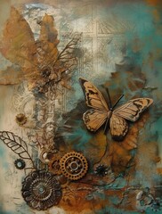 Stunning abstract nature. Stencil art texture and Details. Golden accents. Butterfly and flowers. Place for text, copy space. Great for intivations, greeting cards. Generative AI