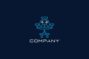 Creative logo design depicting a gaming chair shaped like a controller, designated for the furniture industry.	