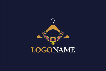 Creative logo design depicting a coat hanger with a necklace on it, designated to the fashion or apparel industry.	
