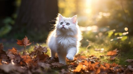 Naklejka na ściany i meble Fluffy white kitten pounces playfully on fallen leaves. Chasing sunbeams as it explores the garden. Generative AI