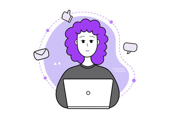 Young woman working with computer. Freelancer or student. Vector illustration for back to school, online courses, trainings, seminars.