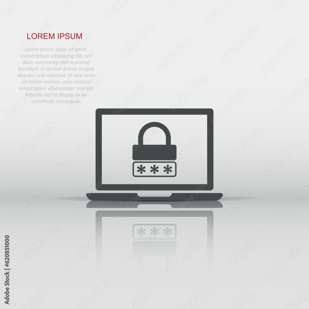 Poster laptop with password icon in flat style. computer access vector illustration on white isolated backg