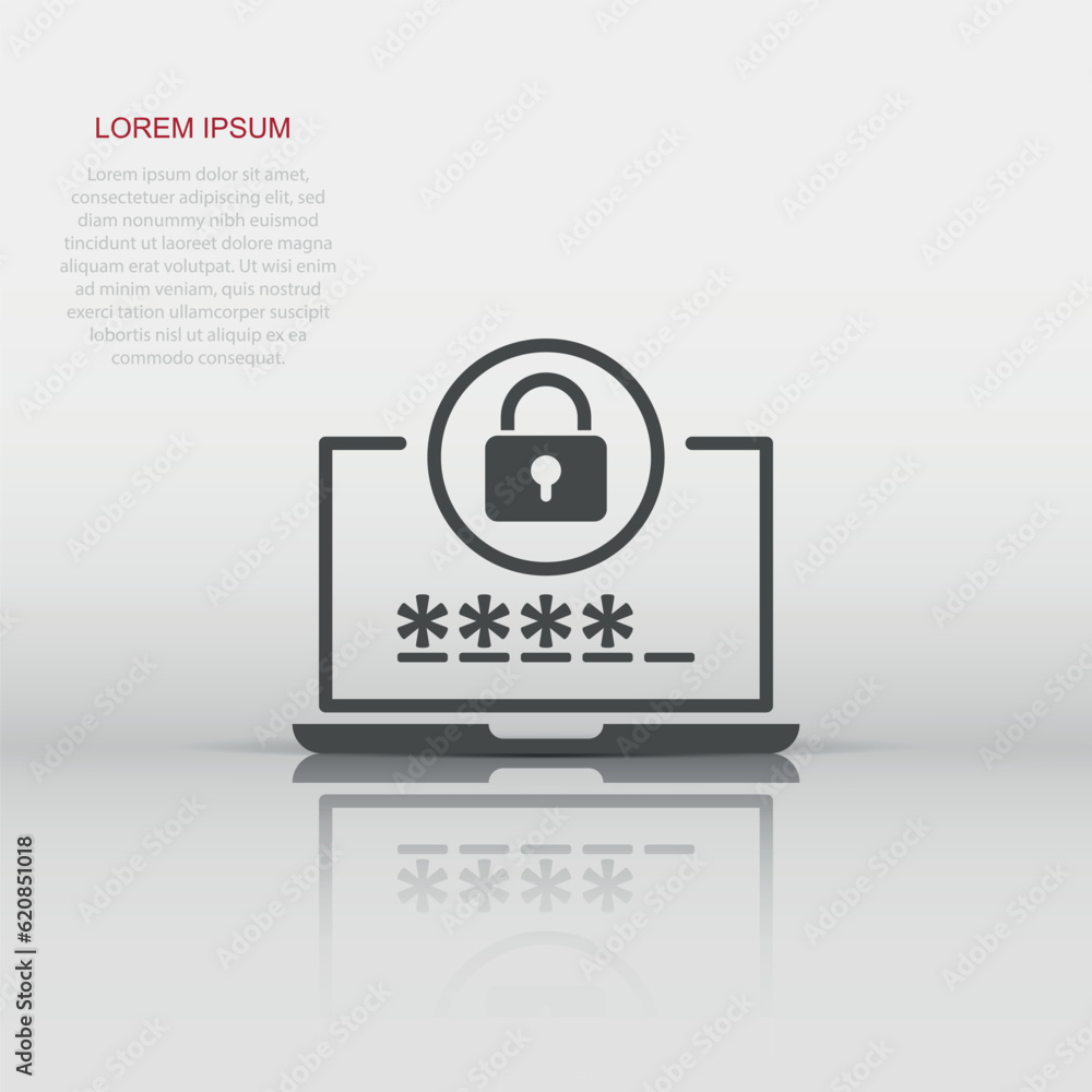Poster laptop with password icon in flat style. computer access vector illustration on white isolated backg