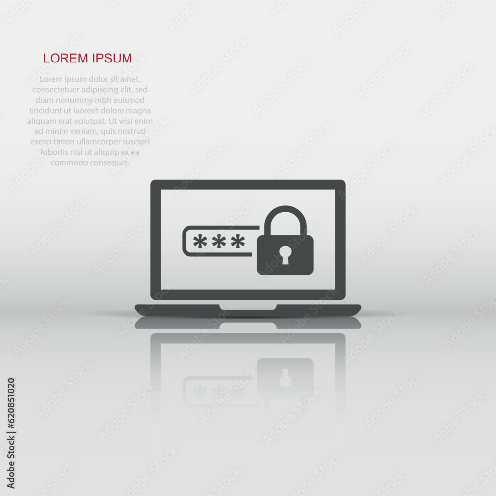 Poster laptop with password icon in flat style. computer access vector illustration on white isolated backg