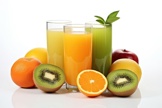 Assorted Fresh Juices in Isolated Glasses on White Background. Vitamin-packed Grapefruit, Orange, and Kiwi Juice for Vegetarian Diet: Generative AI