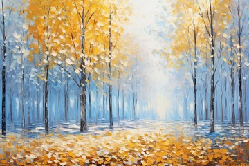 Blue Autumn Landscape in Oil Painting Style with Textured Trees and Park on Canvas, Modern Abstract Art of Forest and Sky. Generative AI - obrazy, fototapety, plakaty