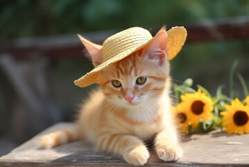 Ginger cute kitten in straw hat. Generative AI