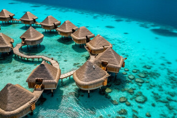 Wooden overwater villas in clear turquoise water. Generative AI - obrazy, fototapety, plakaty