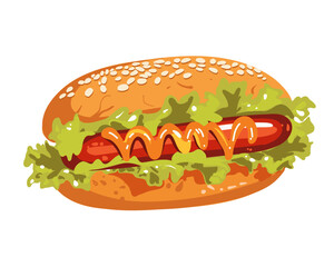 hot dog, bun with sausage, vector illustration on a white background