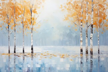 Blue Autumn Textured Landscape Oil Painting on Canvas - Modern Abstract Forest with Autumn Trees and Park on Blue Sky Background: Generative AI - obrazy, fototapety, plakaty