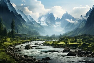 Naklejka na ściany i meble Photograph of Explore The Beauty of Mountains Rivers, Generative AI