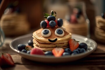 Creative meal for a child, pancakes with  a face, big eyes and smile, funny food.Children will love this breakfast
