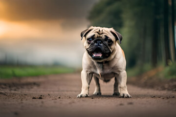 Fototapeta na wymiar A pug dog on a dirt road with a green background
