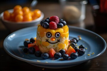 Delicious lunch food specially served for children. A funny face invites children to feast. Fun Food for kids.