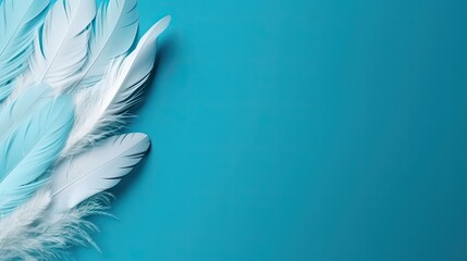 Cerulean Feather Design for Minimal, Festive Background. Creative, Glamour Layout with Turquoise Blue Feathers on White Card. Generative AI