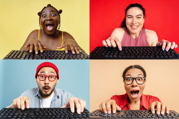 Group of excited multiracial business people typing on keyboard, working online, receive payment....
