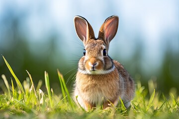 Fototapeta premium Closeup Image of Cute Wild Rabbit Sitting on Grass. Perfect for Easter and Animal Themed Projects: Generative AI
