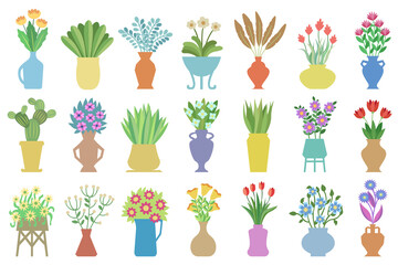 Set of flowers in vases. Flat vector illustrations of house plants, flowers, leaves in a vases. Flower bouquets in vase set. Blooming floral plants, bunches, in glass and ceramic pitchers. 