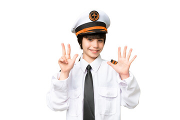 Little girl as a Airplane pilot over isolated chroma key background counting eight with fingers