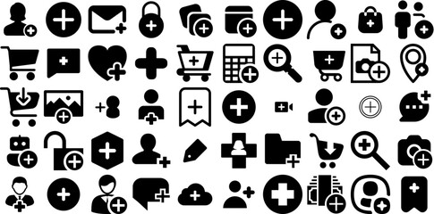 Mega Set Of Add Icons Collection In Trendy Solid Filled Isolated Style. Business, Website, Icon, Add, Mobile, Plus, Internet Big Set Icons Collection Vector Illustration