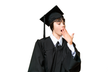 Little university girl over isolated background yawning and covering wide open mouth with hand